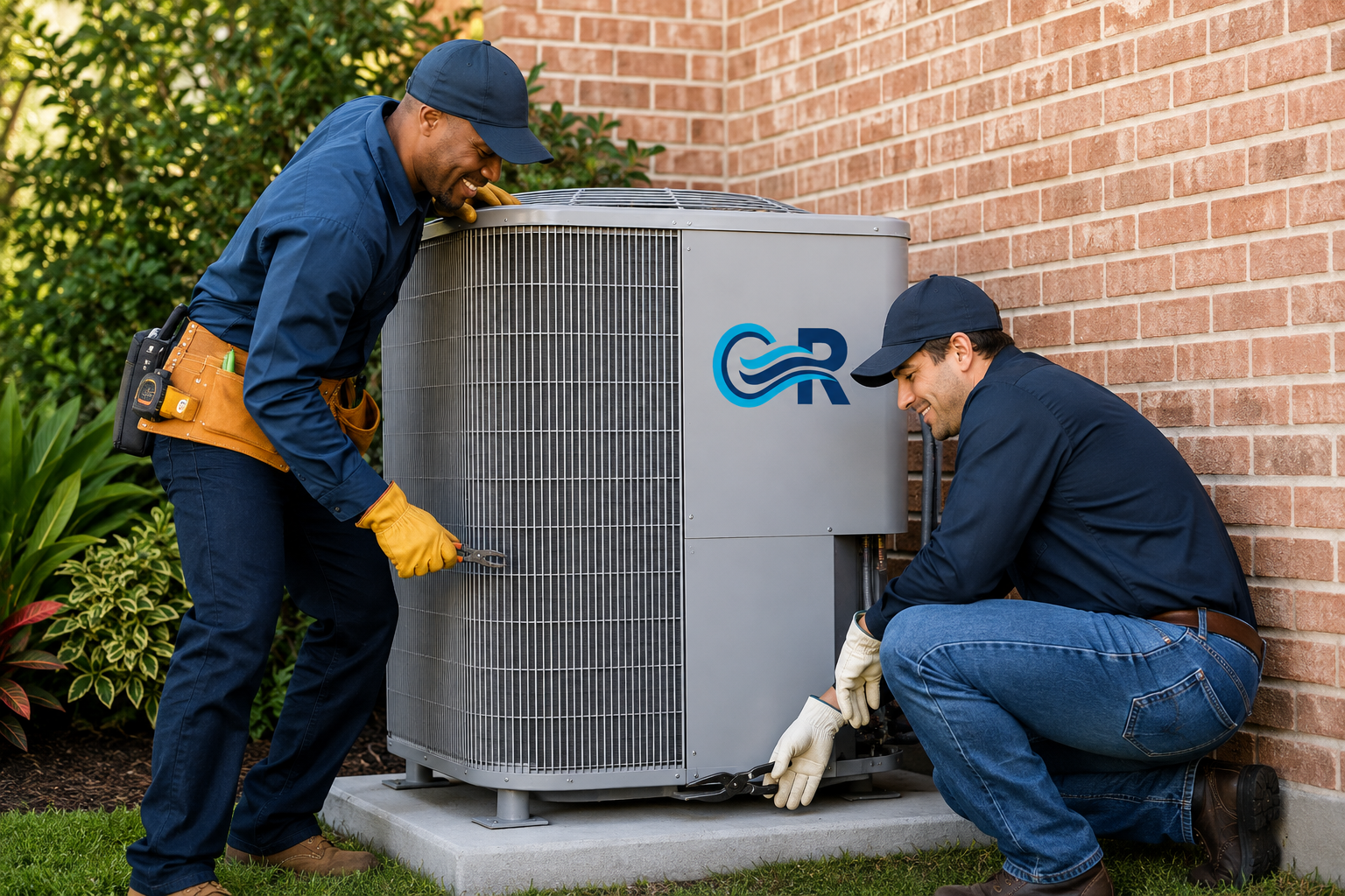 Reclisa technicians servicing an outdoor air conditioning unit